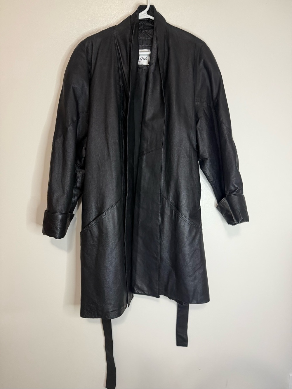 Excelled Vintage Black Leather Open-Front Coat with Belt in size medium